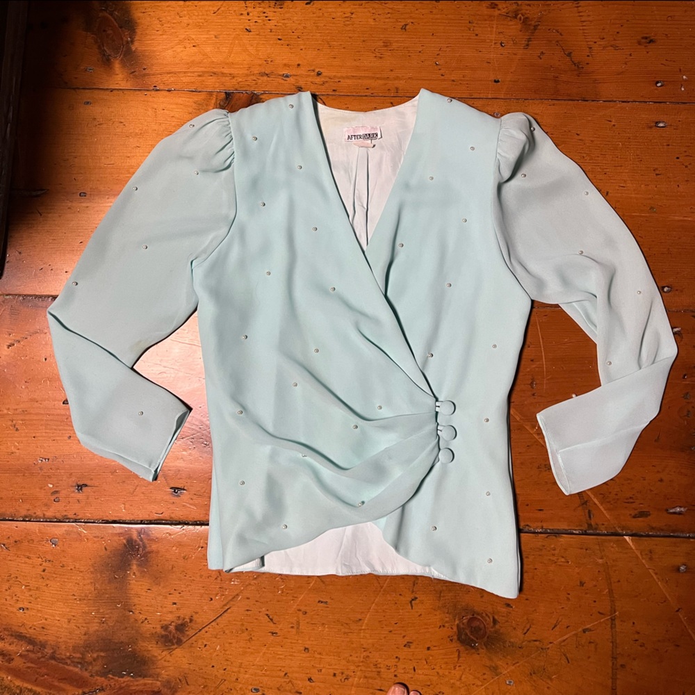 Spring vintage blouse sky blue pearl detail faux mock wrap blouse puffed sleeve